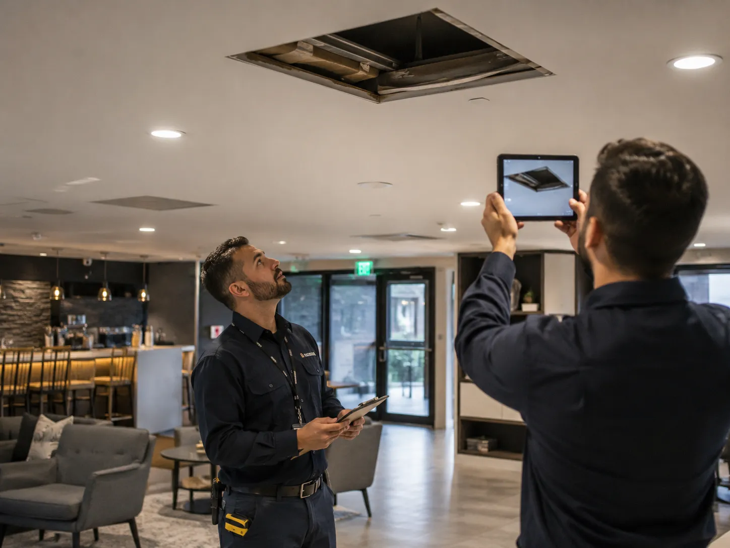 Two technicians inspecting a water-damaged ceiling in a Los Angeles commercial lobby