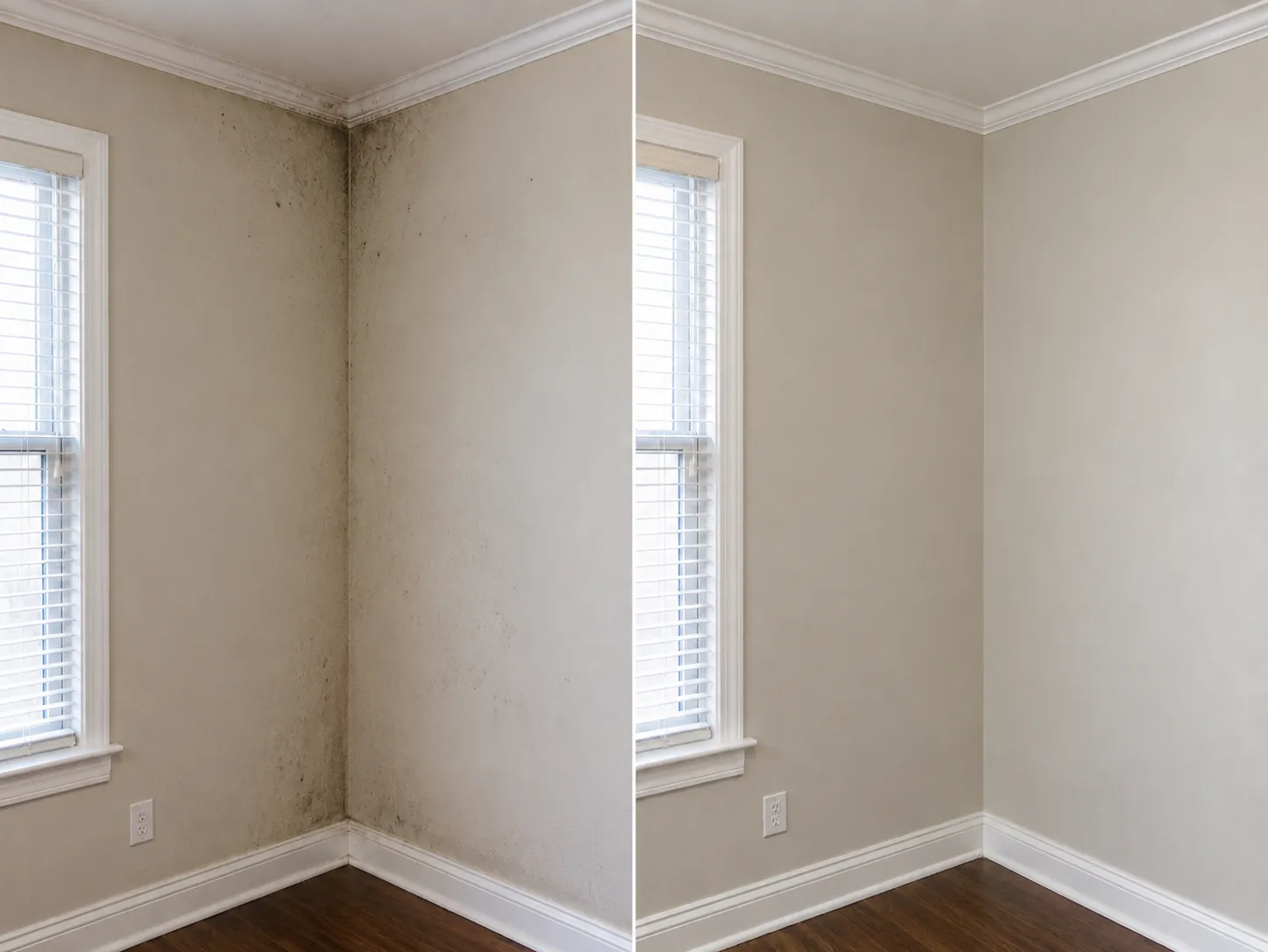 Before and after mold removal on an interior wall in a Santa Monica condo